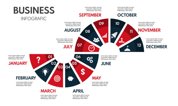 12 months or steps cycle diagram, whole year strategy plan or project timeline, red and black two colors vector infographic template with business icons