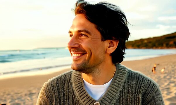 Medium shot portrait video of a happy Brazilian man in his 30s wearing a chic cardigan against a beach background 