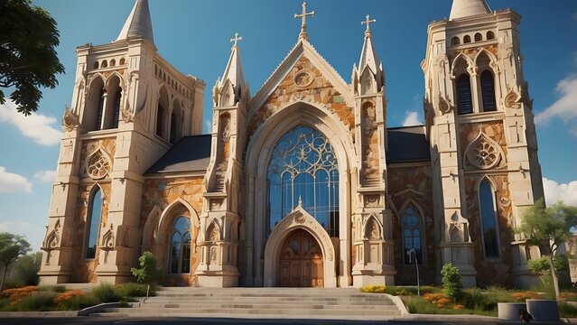 Small church exterior design, moody color theme, real estate church cinematic exterior front elevation of tradional church architectecture
