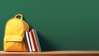 Back to school. Yellow backpack with books and school stuff on green background