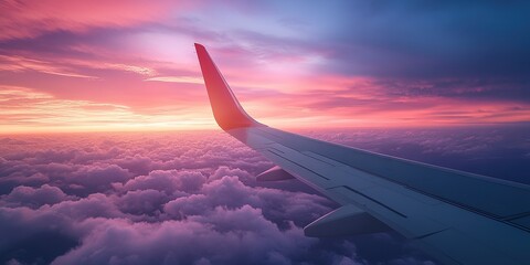 Airplane Wing Above Pink Clouds at Sunset