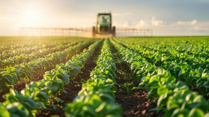 Obraz premium A vibrant farm landscape features lush green crops and a tractor under a golden sunset, showcasing modern agricultural practices.