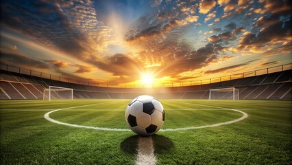 Textured soccer field in evening light with soccer ball at center midfield, Soccer, field, evening, light, textured, green