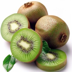 Fototapeta premium Six whole and fresh kiwi fruit with green skin, surrounded by green leaves. The focus is on the kiwi fruit with their rich color contrasting against the stark white backdrop.