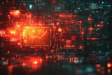 A futuristic image depicting a digital interface with financial data. The interface is filled with various charts, graphs, and numerical data, all glowing in shades of red and blue. 