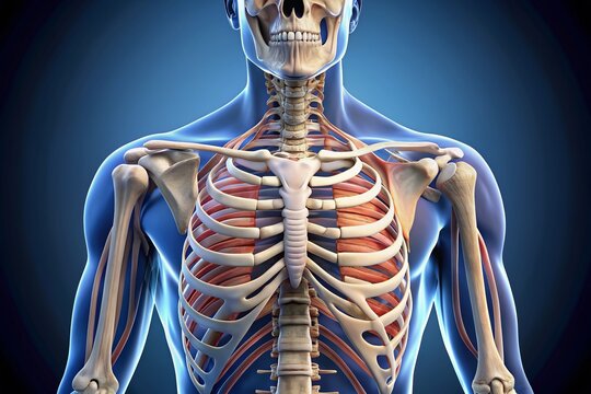 Detailed illustration of the human pectoral girdle skeletal system, showcasing scapula, clavicle, sternum, and associated bone joints, highlighting anatomical structures in precise detail.