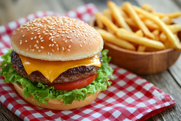 Delicious cheeseburger with fresh veggies and seasoned fries on a rustic table. Classic diner vibe.
