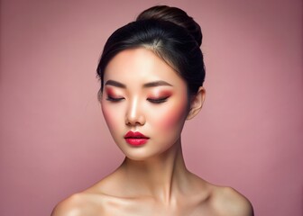 Fototapeta premium Serenely beautiful Asian woman with flawless skin, pulled-back hair, and elegant Korean-inspired makeup closes her eyes, posing on a soft pink background.