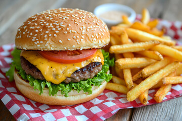 Juicy cheeseburger with melted cheese and crispy fries on a rustic table. Cozy diner atmosphere.