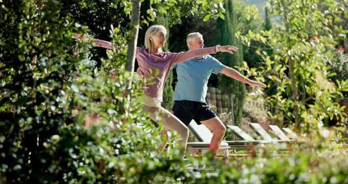 Outdoor, stretching and senior couple with yoga in garden for wellness, balance or workout. Health, pilates and elderly man with woman for body care, retirement or warrior pose on weekend in backyard