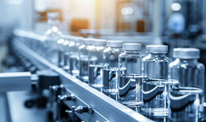 Obraz premium A production line in a pharmaceutical factory with multiple glass