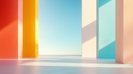 A vibrant scene featuring colorful walls and a serene blue sky, perfect for modern architecture and design concepts.