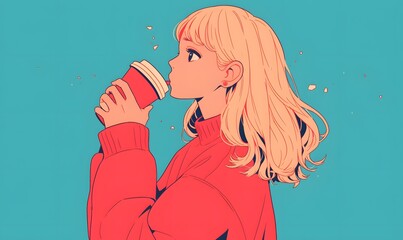 Cute girl drinking a drink from a takeaway cup, Generative AI