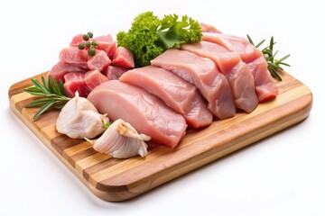 Appetizing arrangement of fresh uncooked chicken and pork slices on a clean wooden cutting board against a crisp white background, ready for branding.