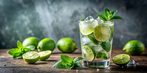 Refreshing mojito cocktail with lime slices and fresh mint leaves, mojito, cocktail, drink, lime, mint, refreshing, summer, beverage