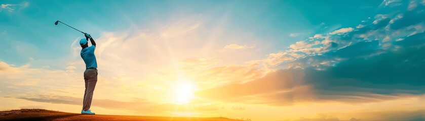 Obraz premium Golfer Teeing Off at Sunset