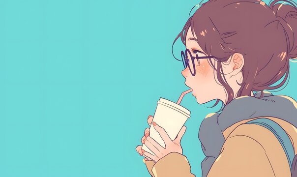 Cute girl drinking a drink from a takeaway cup, Generative AI