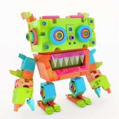 3D Render, Low Poly style of Robotic Toy Block Monster, on isolated white background, Generative AI