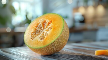 Colorful slices of a ripe melon with vibrant orange and yellow flesh on display. The fruit has been cut into even segments for serving.
