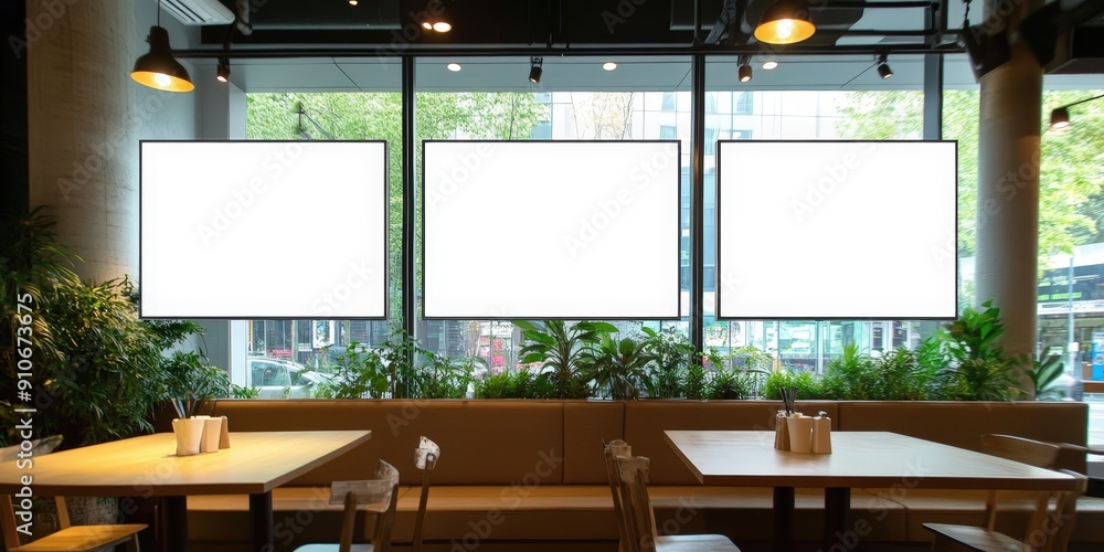 Wall mural Blank Advertisement Mockup in Cafe Setting,a restaurant with big screen banners,Mock up screen display Restaurant Cafe Menu Food Business, for restaurant marketing, food service industry, digital menu