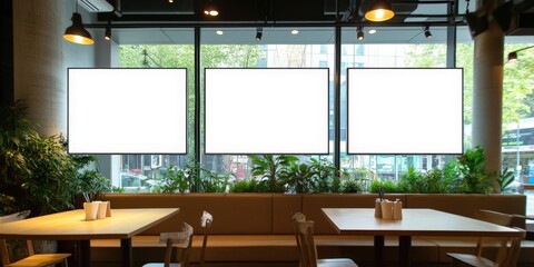 Blank Advertisement Mockup in Cafe Setting,a restaurant with big screen banners,Mock up screen display Restaurant Cafe Menu Food Business, for restaurant marketing, food service industry, digital menu