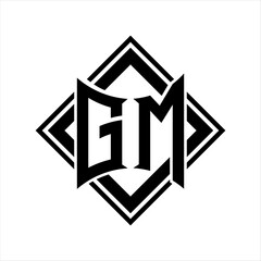 GM Letter logo with abstract shield shape with square black outline on white background design