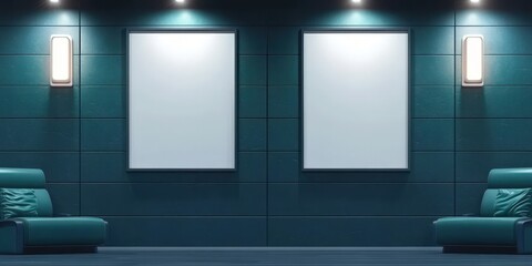 Two Blank Frames in a Modern Interior,Mock up poster movie signs are on the wall, blank billboards for advertising mockups, presenting digital designs, Cinema Now showing movie Poster in Movie theatre