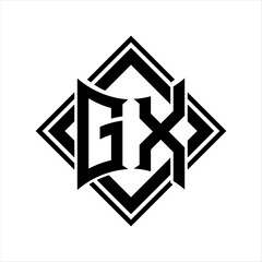 GX Letter logo with abstract shield shape with square black outline on white background design