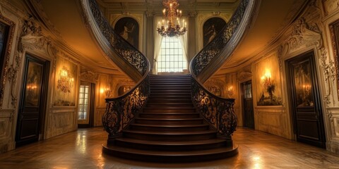 Obraz premium Large curved staircase with intricate iron railings inside a majestic old mansion.