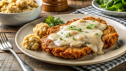 Crispy chicken fried steak with gravy and mashed potatoes on a plate, comfort food, southern cuisine