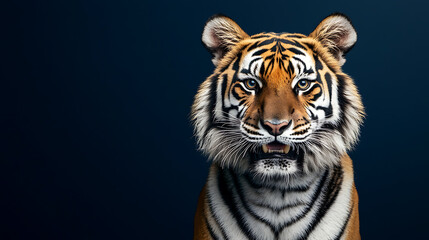 Fototapeta premium Cute tiger casual dressed, with a big smile, on a dark blue background with copy space