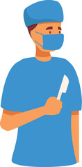 Surgeon is holding a scalpel wearing blue scrubs and a medical mask