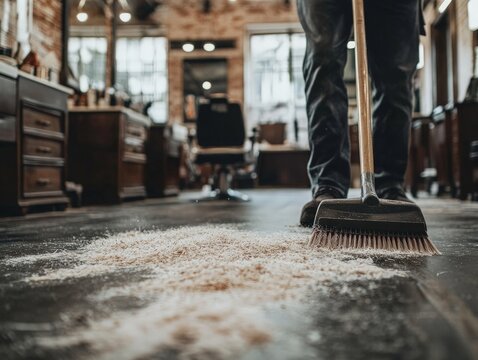 Barber sweeping up hair clippings from the floor, highlighting the attention to cleanliness and hygiene in a professional barbershop