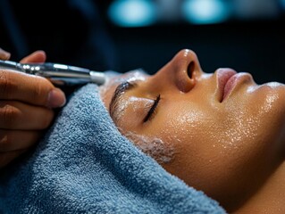 Close-up of a hot towel being applied to a client's face, emphasizing the relaxing and luxurious aspects of a professional shave 