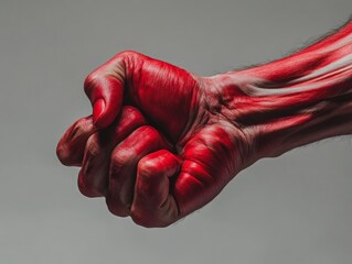 Close-up of clenched fists and tensed muscles, with a red overlay on the joints, against a gray background, highlighting the intensity of arthritic pain 