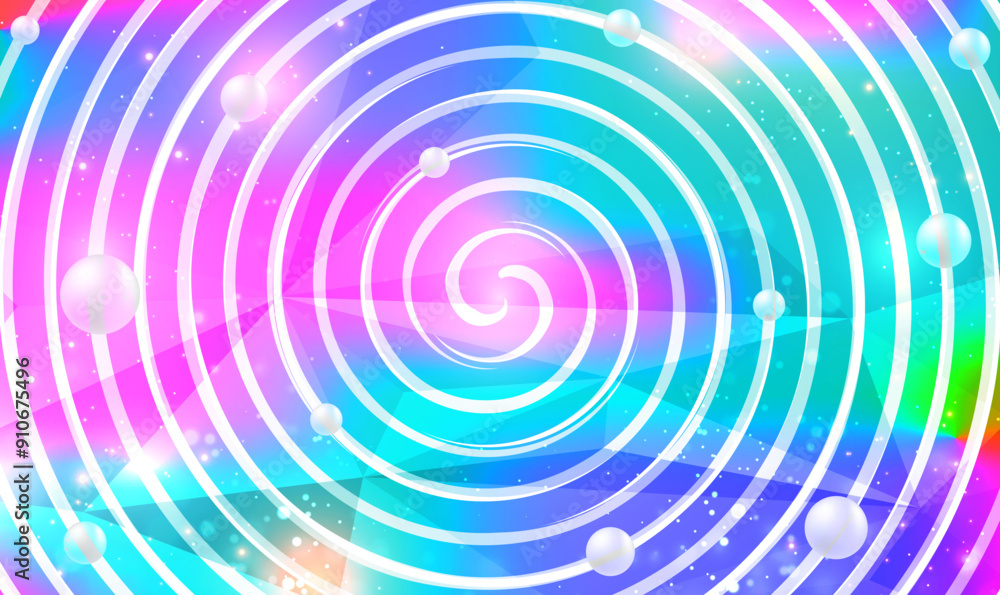 Poster abstract circular motion lines on colorful background with sphere balls. rainbow round abstract vort