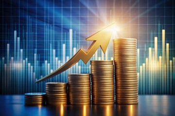 A shiny arrow rises from a coin, symbolizing financial growth and success, against a backdrop of ascending bars, conveying investment profit and market prosperity.
