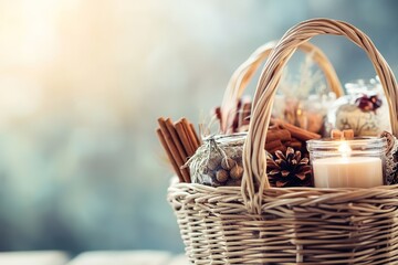 Beautiful gift baskets filled with cinnamon products like candles, spices, and teas
