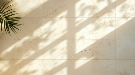 ヤシの葉の影とベージュのタイル大理石の背景、上面図、太陽の光を浴びる天然背景素材
