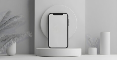 A white iPhone is displayed on a pedestal in front of a white background