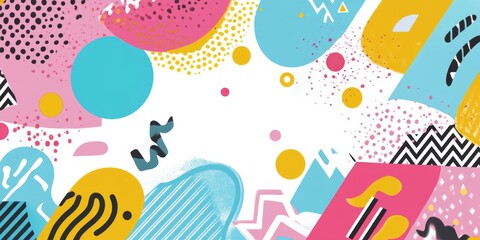 Cute and dynamic Memphis-inspired background, featuring a variety of colorful geometric shapes and playful patterns