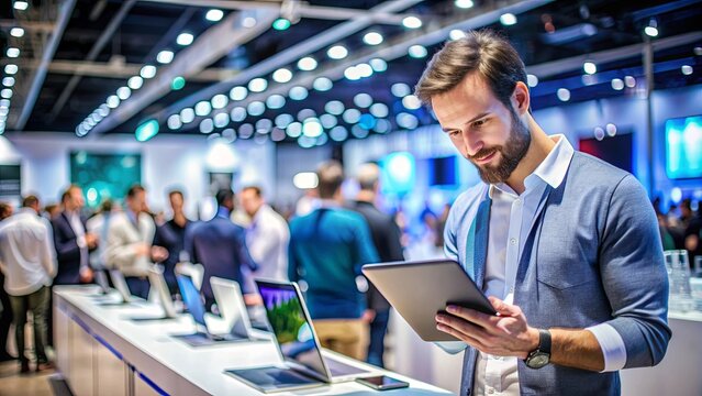 Technology enthusiast eagerly looking at the latest gadgets on display at a tech expo , tech, innovation, gadgets