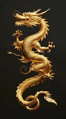 Golden dragon statue against a dark background.
