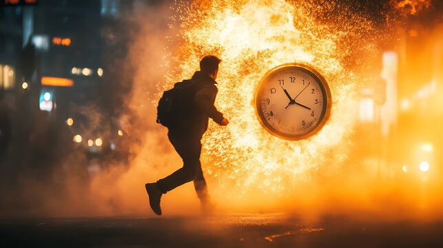 Running after time, alarm clock burning in fire, exploding rush hour
