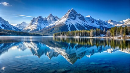 Naklejka premium Snowy mountains mirroring in crystal clear lake, winter, snowy, peaks, reflection, valley, water, cold, nature, scenic