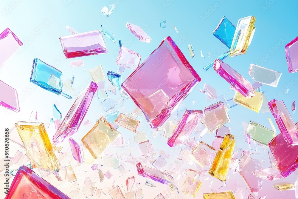 Aufkleber colorful translucent blocks float in the air, creating a vibrant, whimsical visual on a bright blue 