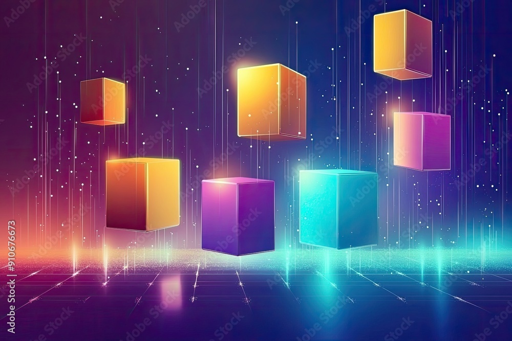 Poster colorful 3d cubes floating in a vibrant digital space, creating an abstract and futuristic visual ex