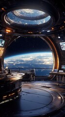 Futuristic space station interior with a stunning view of Earth from the large circular window, showcasing advanced technology.