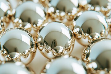 Close-up of shiny metallic spheres reflecting light, showcasing elegant textures and intricate details in a visually appealing arrangement.