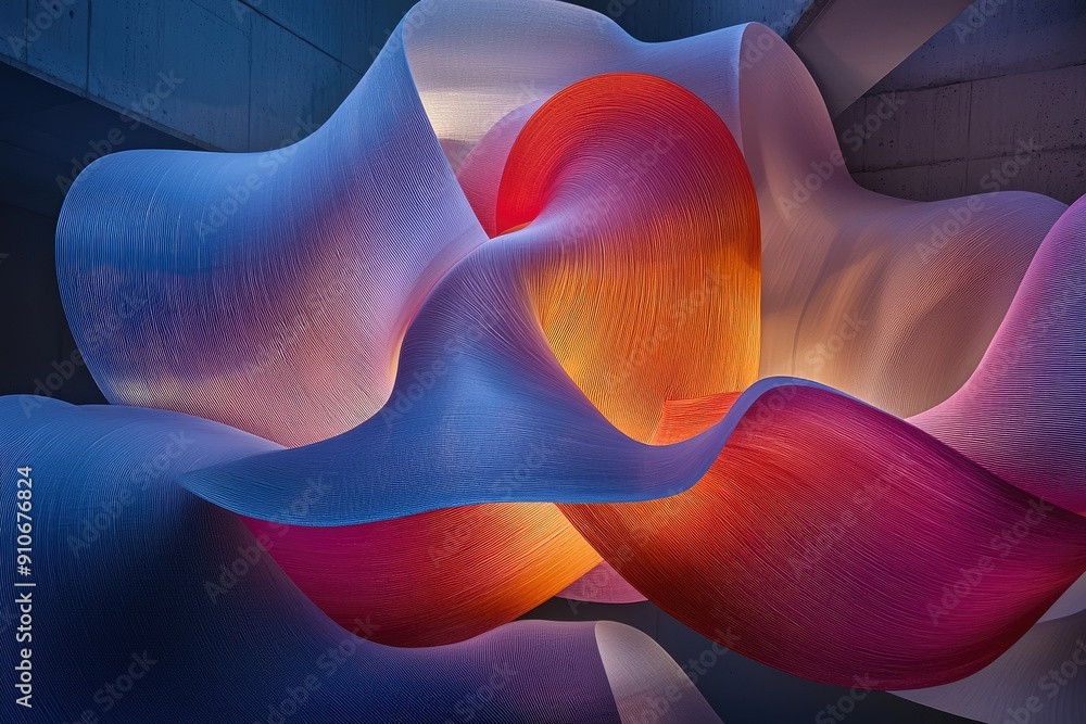 Poster a vibrant and abstract composition of flowing shapes and colors, creating a sense of depth and movem